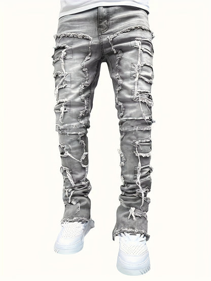 Men's Distressed Slim-Fit Jeans – Layered Rips & Patchwork Street Denim