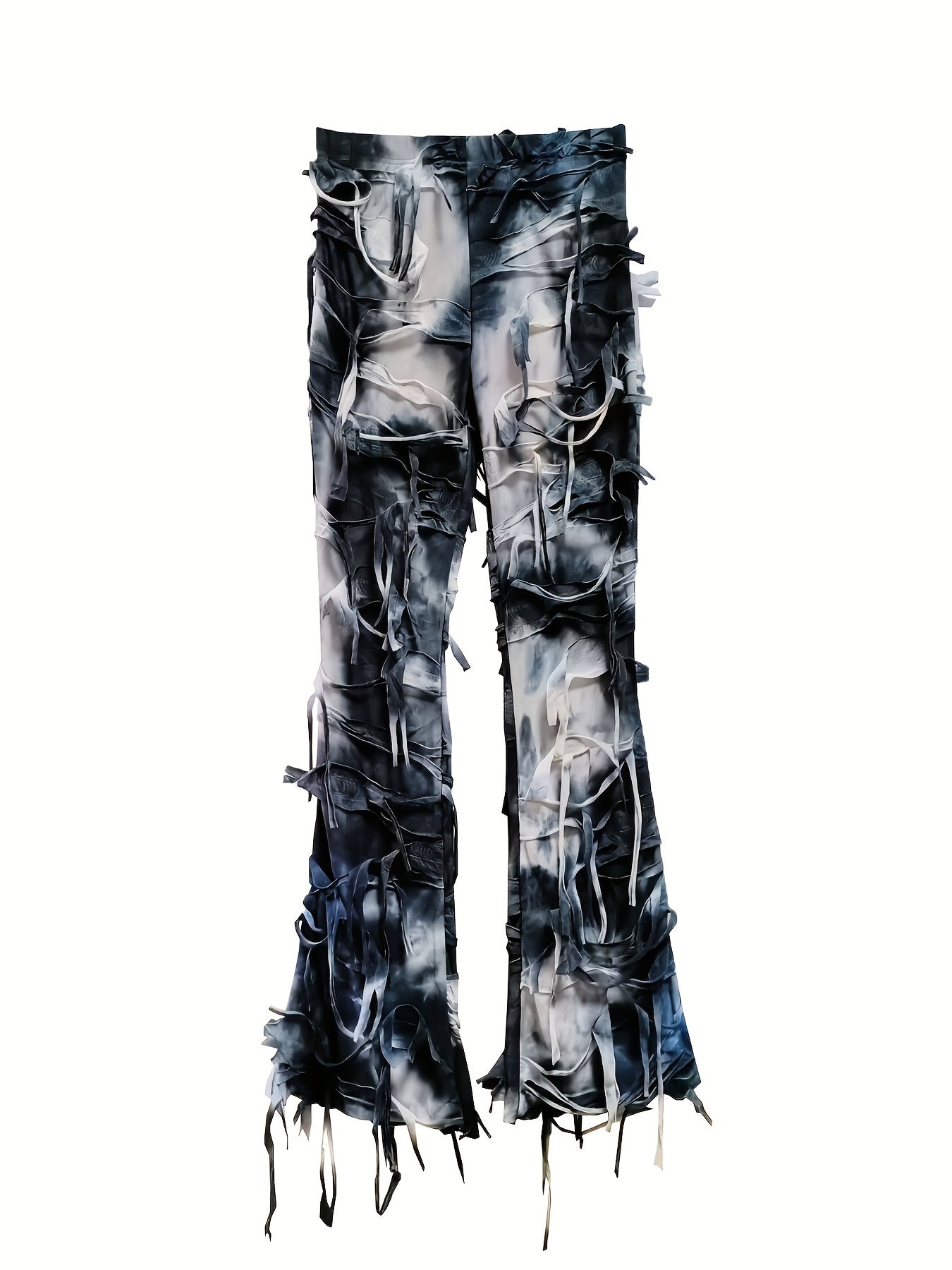 Tie-Dye Mesh Flare Pants – High-Waisted Fringe Detail Semi-Sheer Trousers