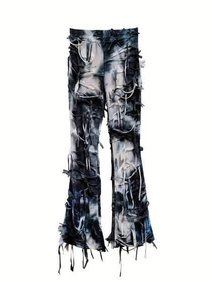 Tie-Dye Mesh Flare Pants – High-Waisted Fringe Detail Semi-Sheer Trousers