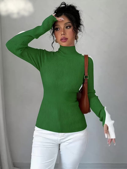 Suéter de cuello alto color block para mujer - Blusa elegante de punto suave