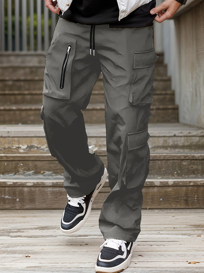 Men’s Green Cargo Pants – Loose Straight-Leg Elastic Waist Trousers