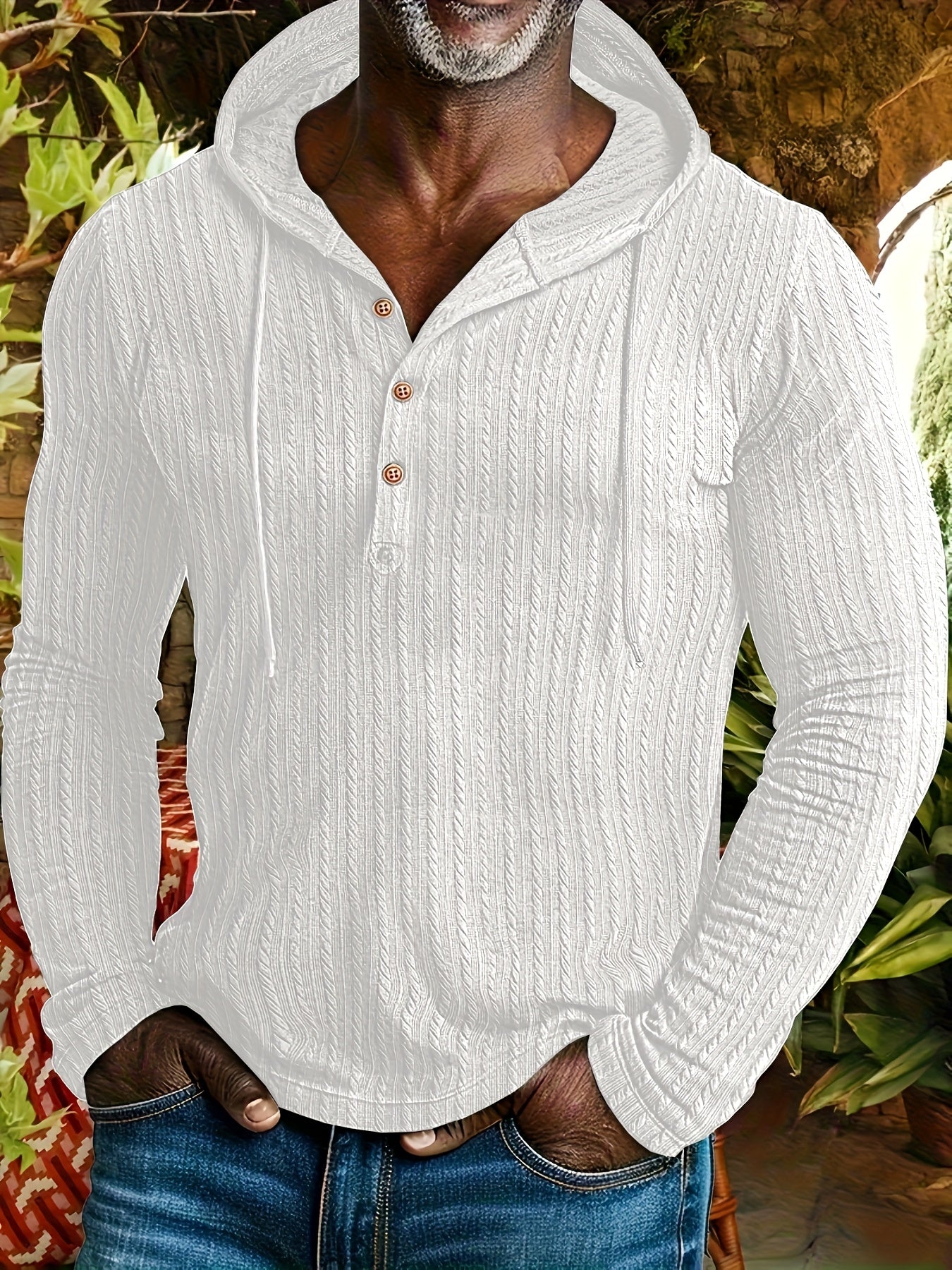 Camisa Henley con capucha para hombre – Sudadera texturizada informal de manga larga con cordón
