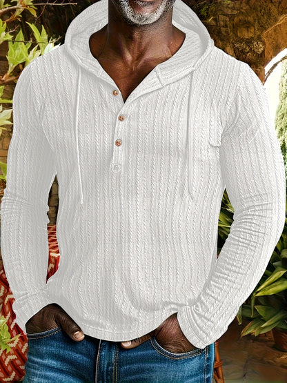 Camisa Henley con capucha para hombre – Sudadera texturizada informal de manga larga con cordón