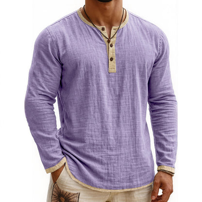 Camiseta Henley de manga larga con estampado digital bicolor para hombre – Corte ajustado de 3 botones