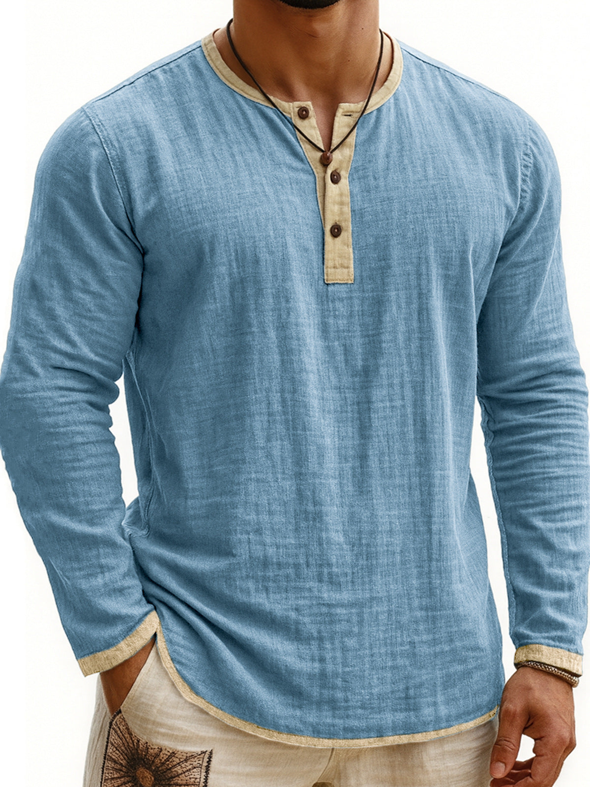 Camiseta Henley de manga larga con estampado digital bicolor para hombre – Corte ajustado de 3 botones