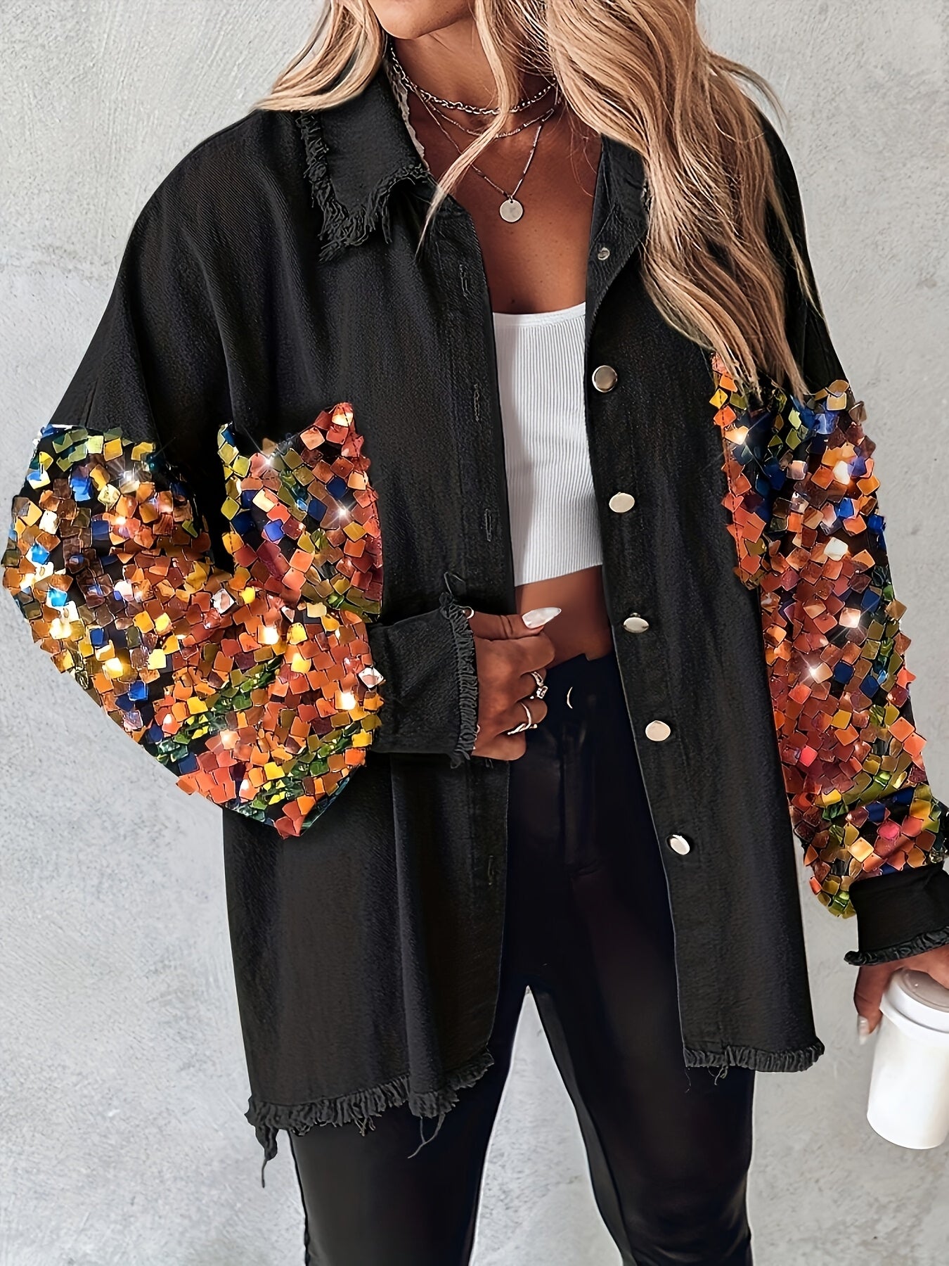 Women’s Sequin Tassel Patchwork Shacket – Fuzzy Contrast Long Sleeve Jacket