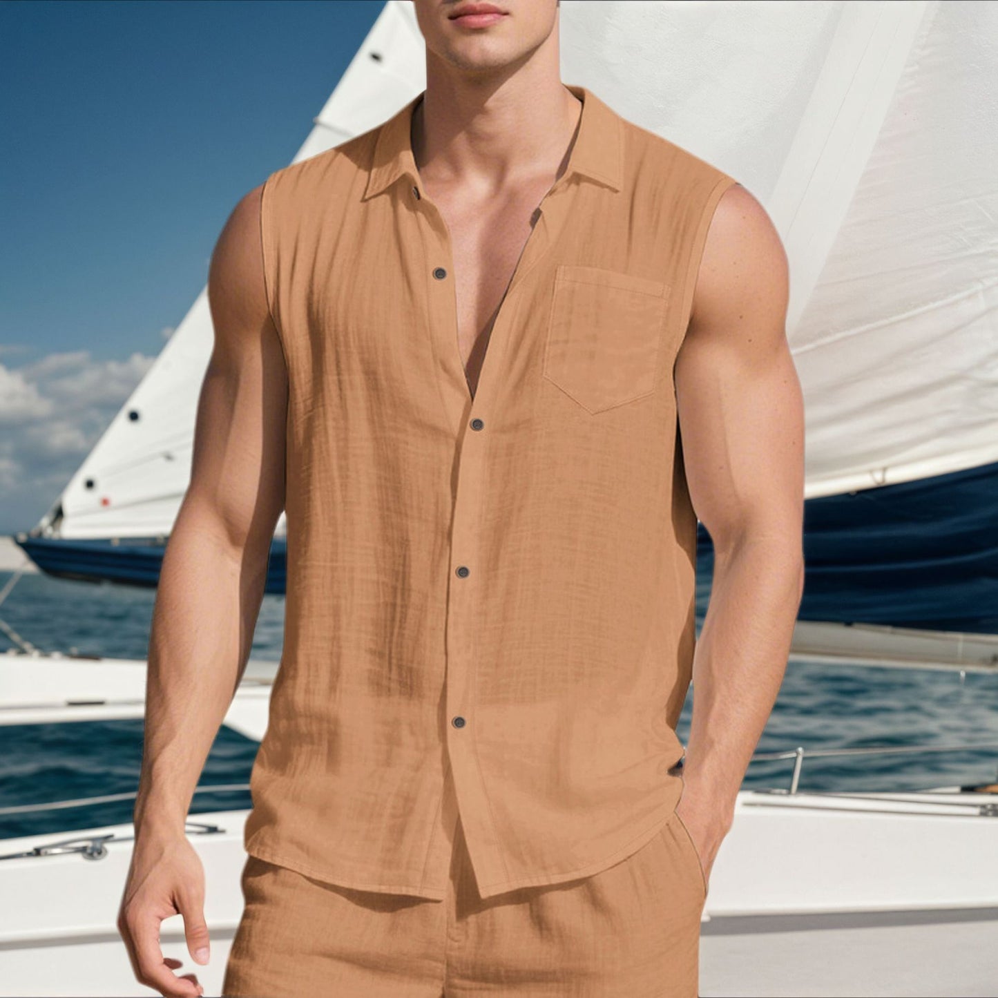 Men’s Linen Sleeveless Shirt – Open Lapel Summer Layer