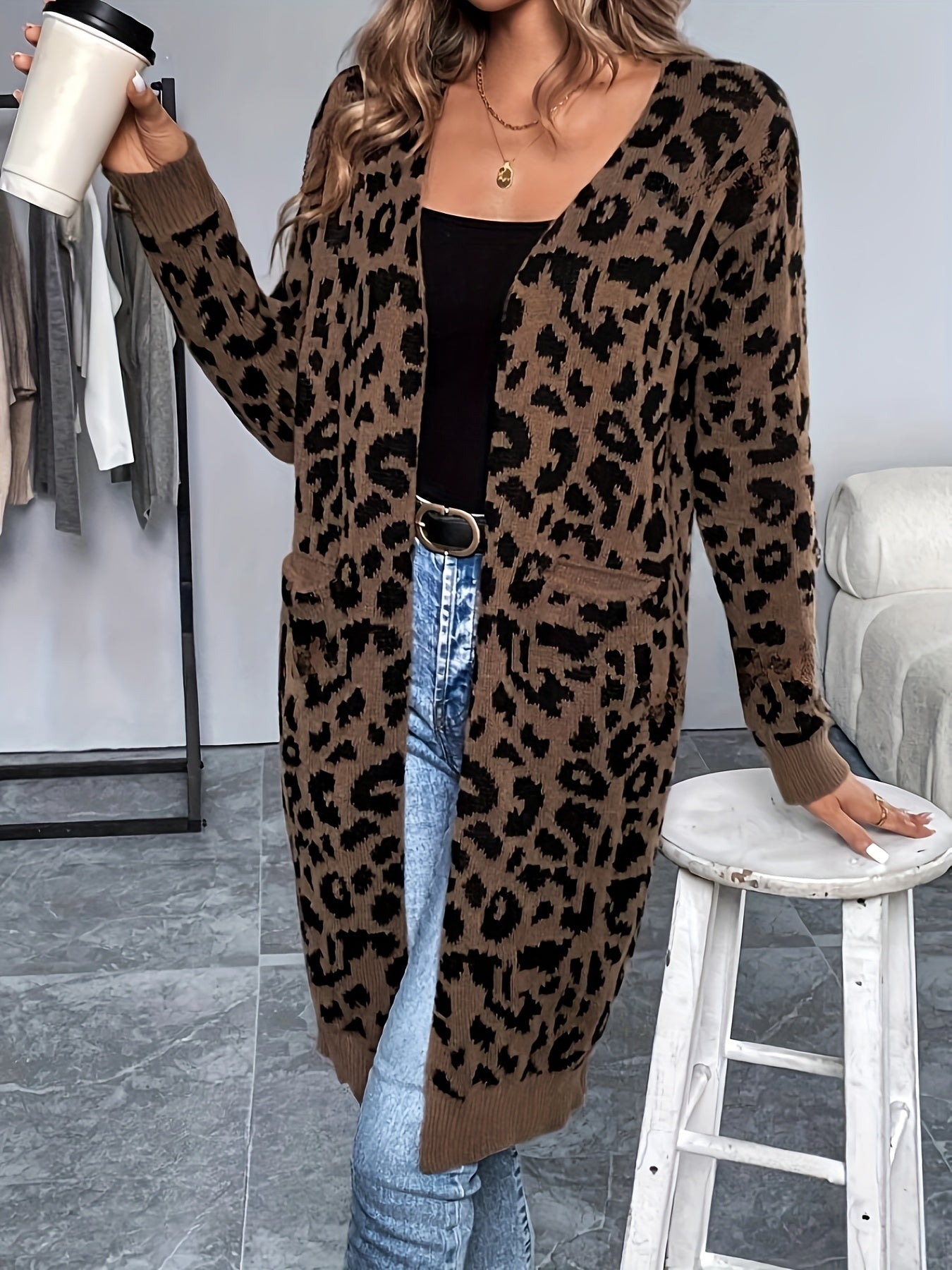 Leopard Print Cardigan – Collarless Cozy Knit Sweater