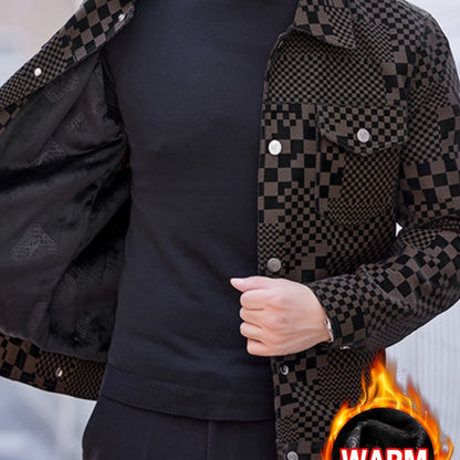 Men’s Checkered PU Coat – Black & Brown Houndstooth Street Jacket