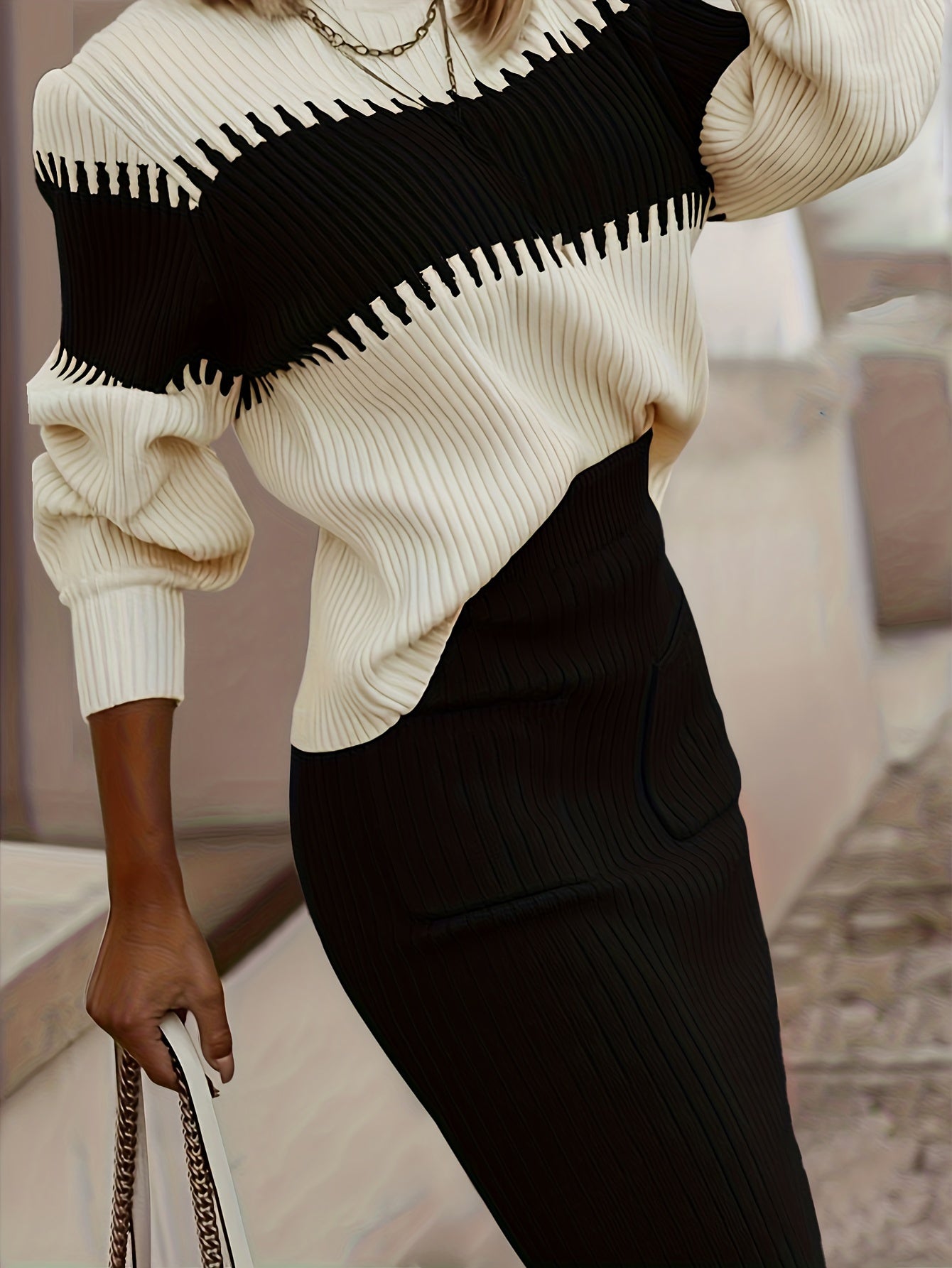 High Neck Color-Block Sweater & Skirt Set – Elegant Winter Two-Piece