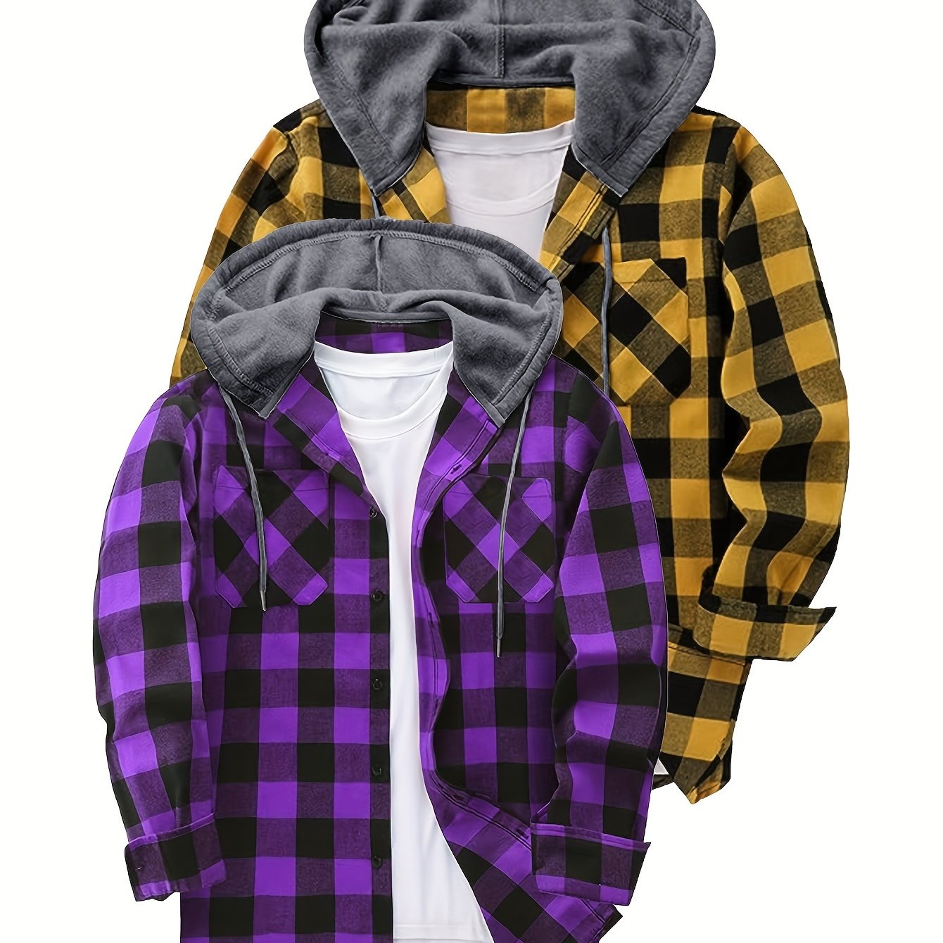 2-Piece Men’s Plaid Hooded Shirts – Button-Up Sweater Jacket Set