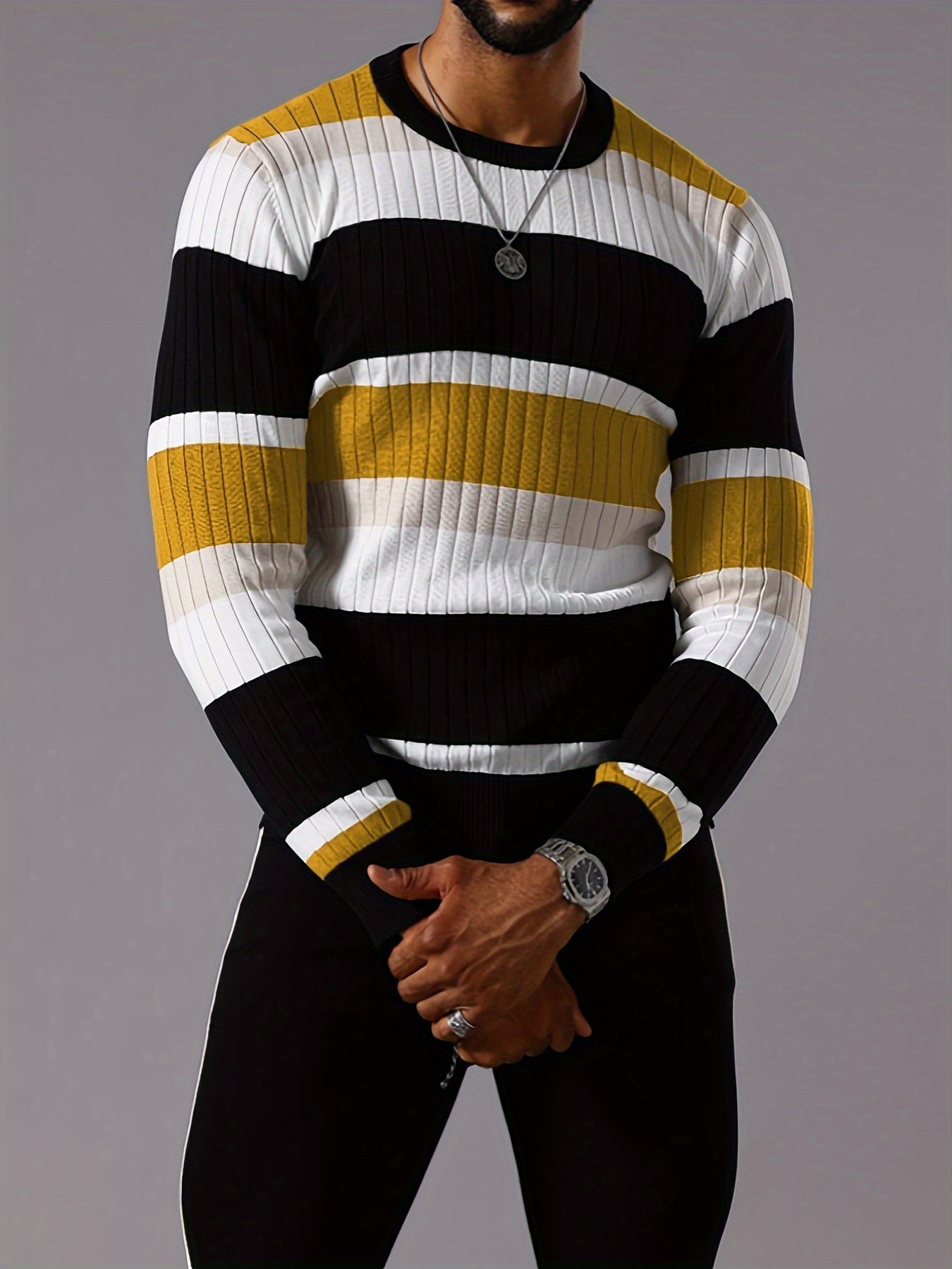 Men’s Striped Ribbed Knit Sweater – Color-Block Fall Winter Pullover