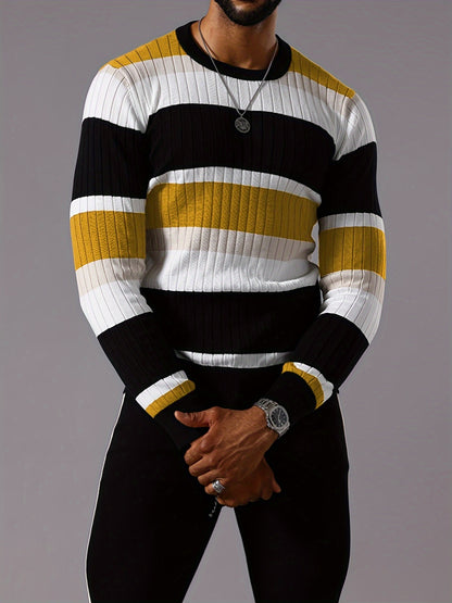 Men’s Striped Ribbed Knit Sweater – Color-Block Fall Winter Pullover