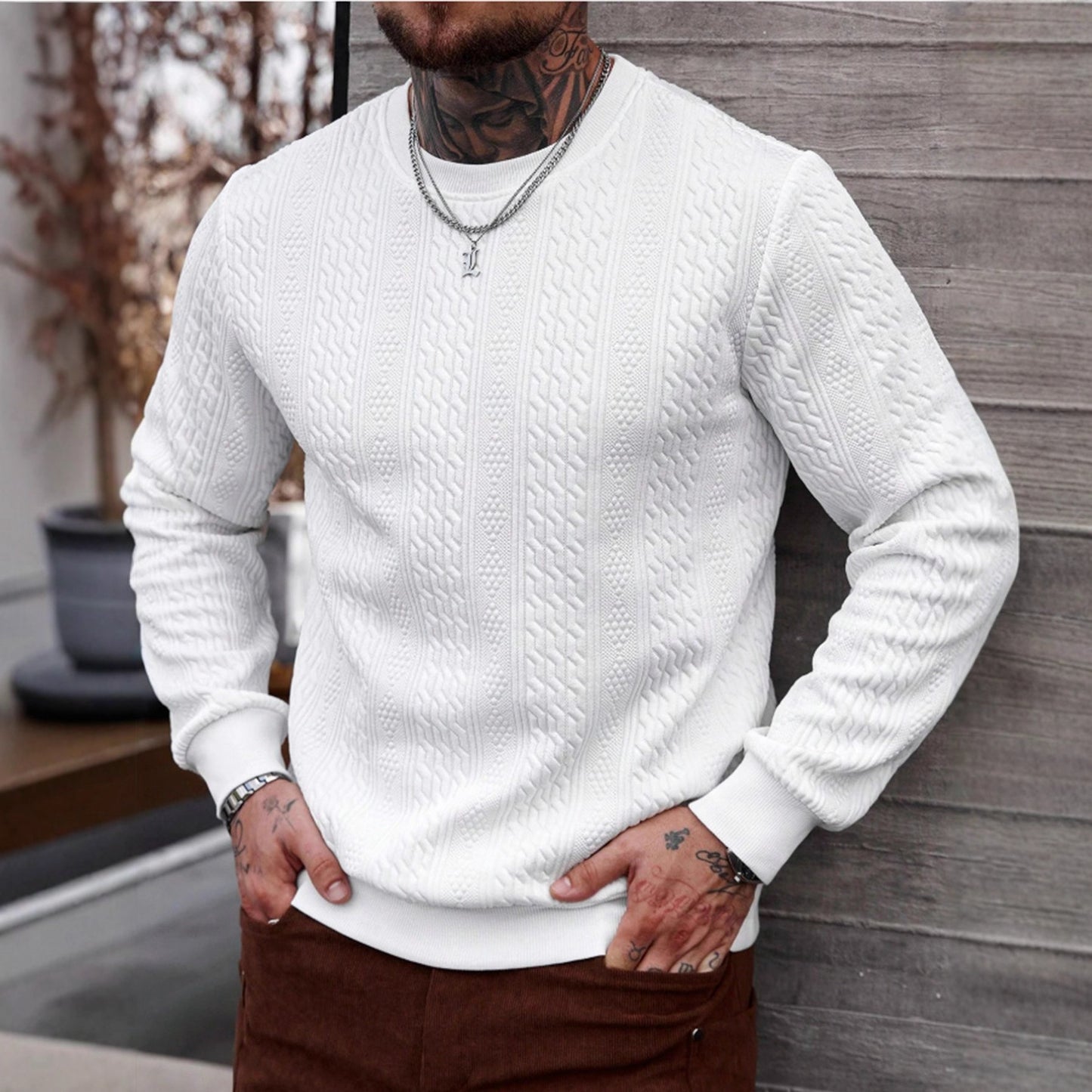 Sweat à capuche jacquard col rond homme – Haut léger coupe ample