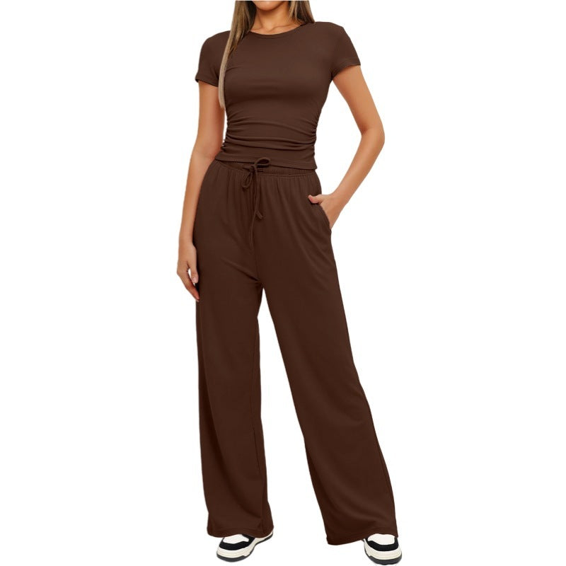 Loom & Soul™ 2-Piece Solid Color Yoga Set – Women’s Short-Sleeve Top & High-Waist Wide-Leg Pants