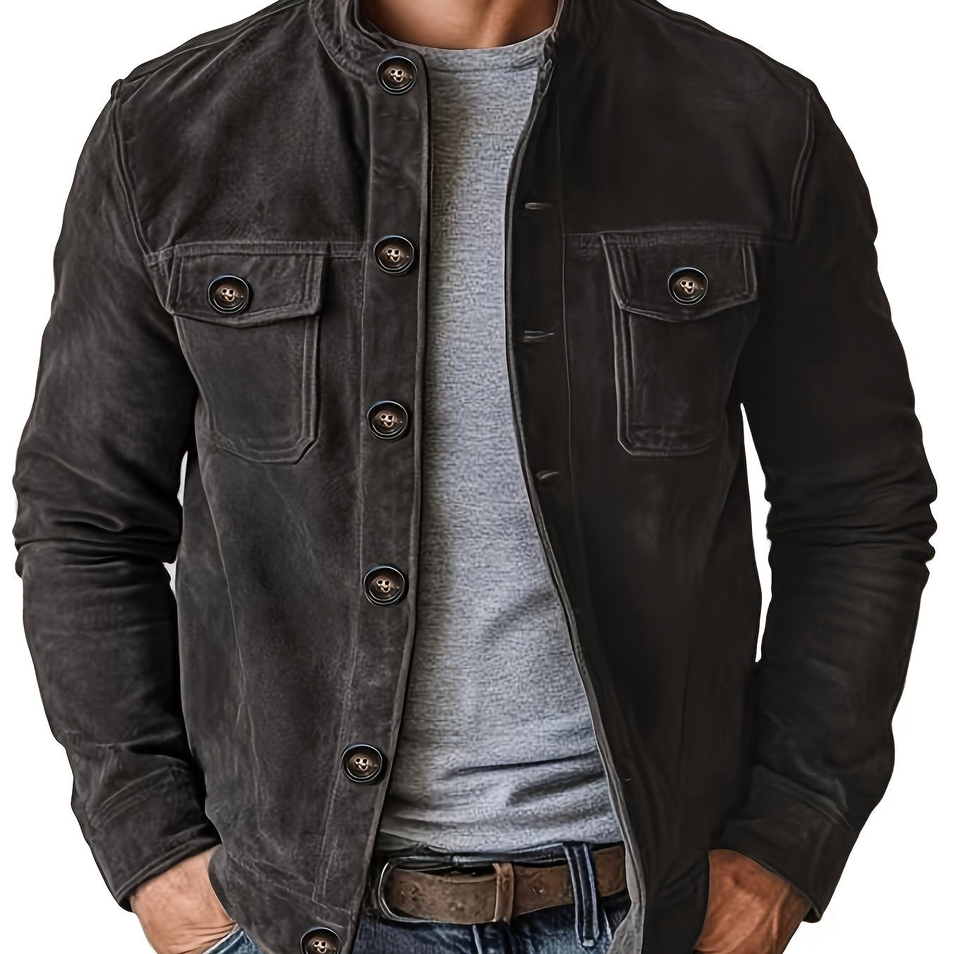 Chaqueta de ante sintético para hombre – Abrigo informal con cuello alto y botones