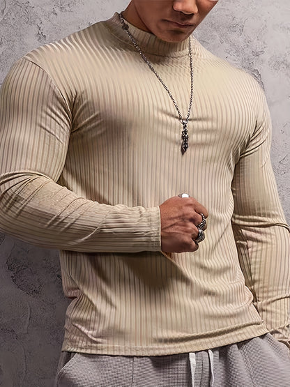 T-shirt côtelé ajusté à manches longues pour homme – Col montant athlétique