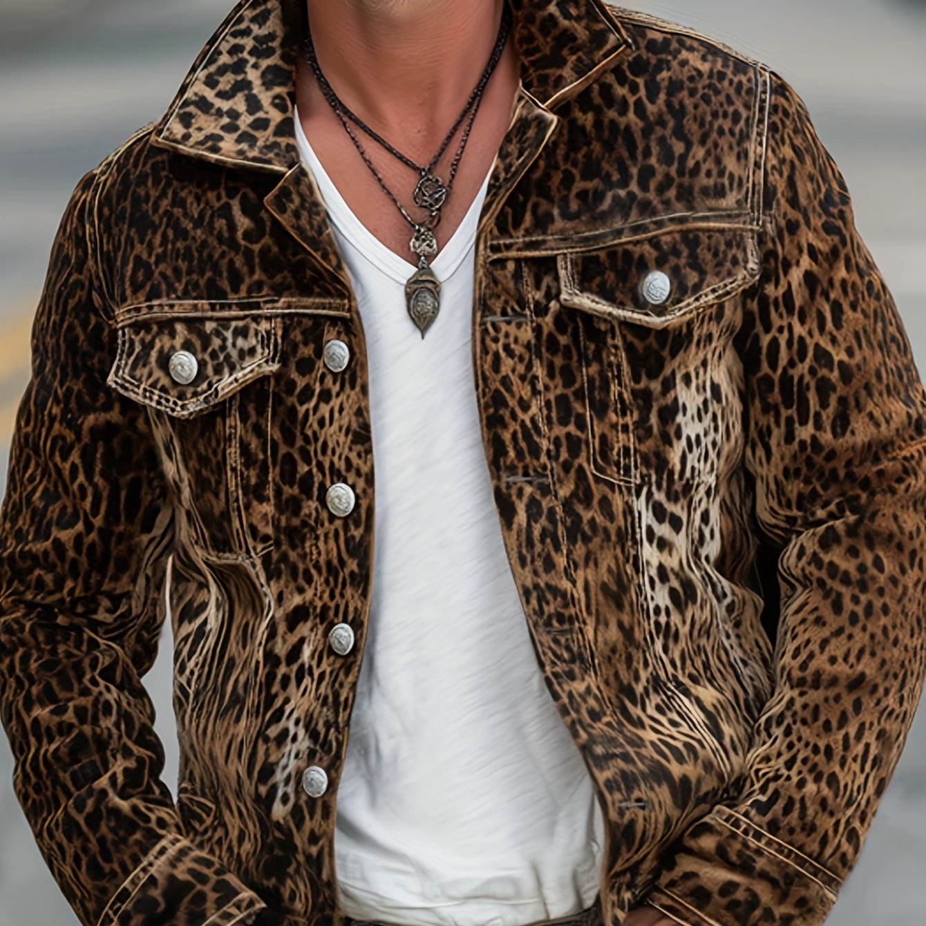 Veste en jean motif léopard – Vêtement de travail oversize de luxe