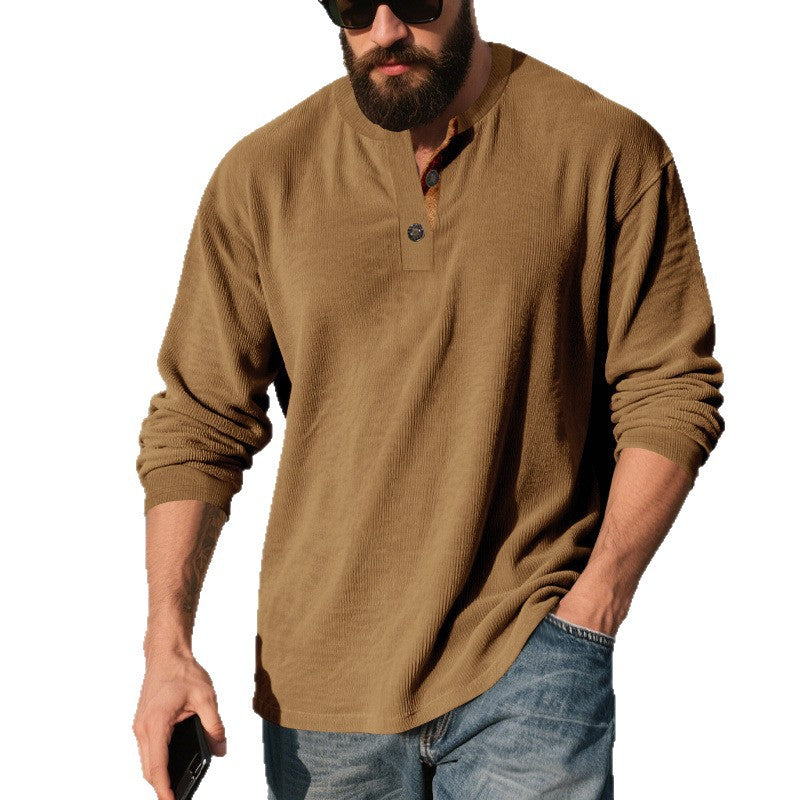 Chemise Henley côtelée rétro pour homme – Coupe ample à manches longues