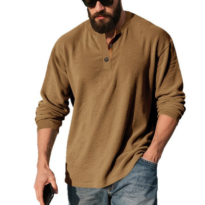 Chemise Henley côtelée rétro pour homme – Coupe ample à manches longues