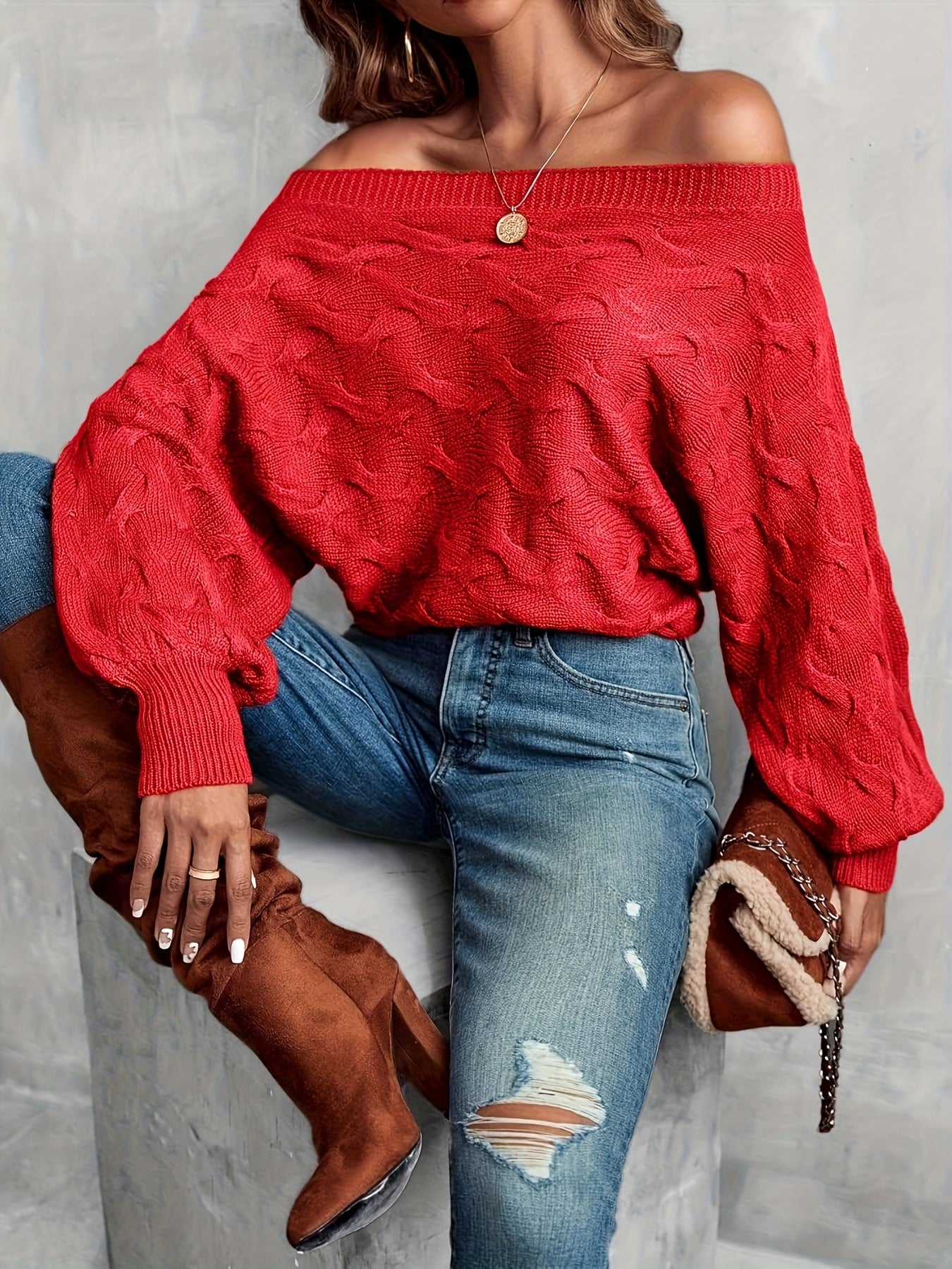 Women’s Off-Shoulder Batwing Sweater – Relaxed All-Season Knit