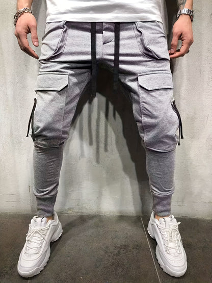 Men’s Streetwear Cargo Pants – Multi-Pocket Drawstring Outdoor Trousers