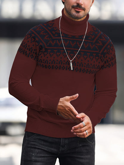 Suéter de cuello alto geométrico para hombre - Suéter informal de punto para otoño e invierno