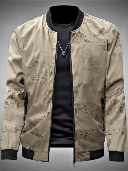Men’s Feather Print Track Jacket – Zip-Up Baseball Collar Street Coat