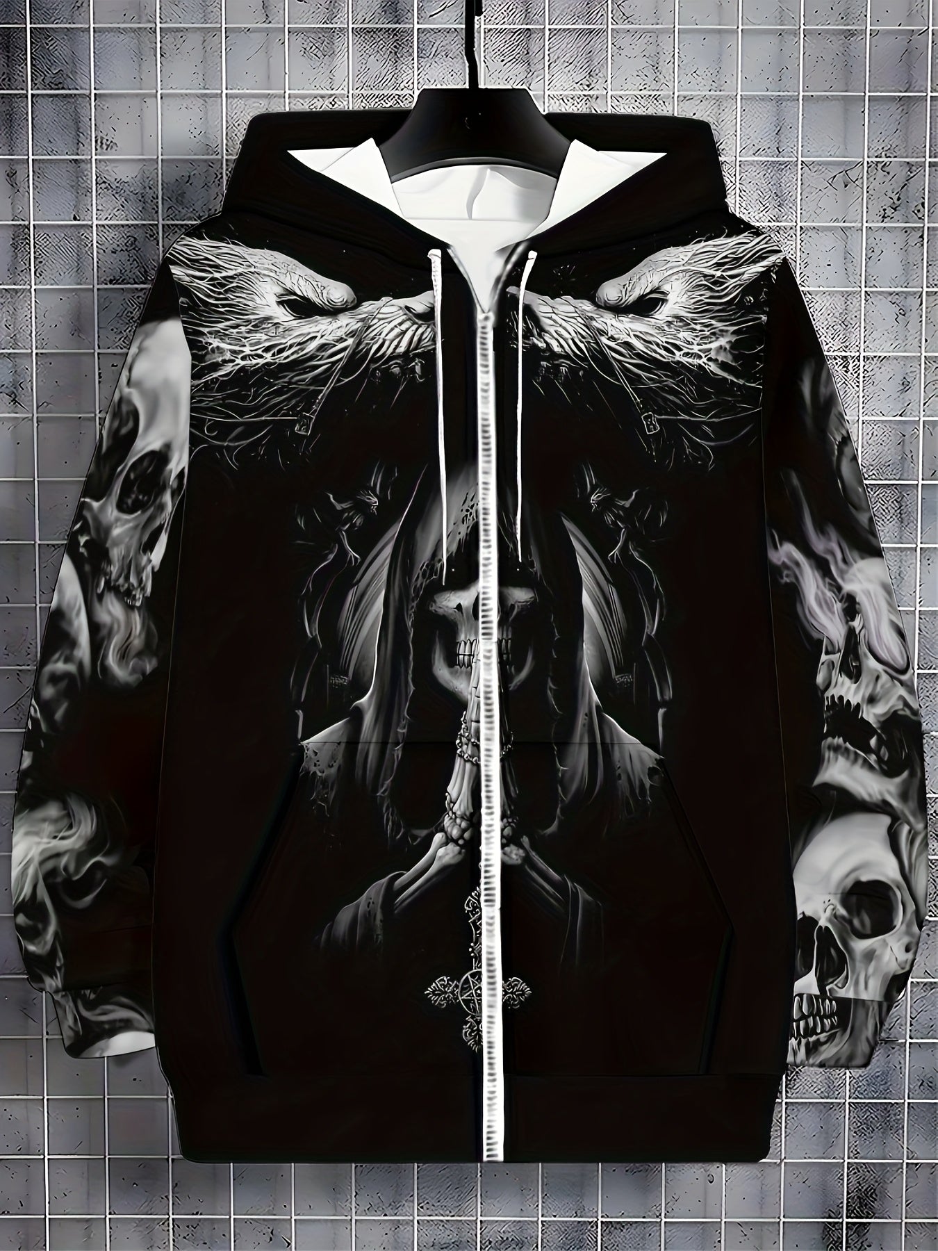 Loom & Soul Men’s Gothic Skull Zip Hoodie – Fiery Wing Streetwear Jacket