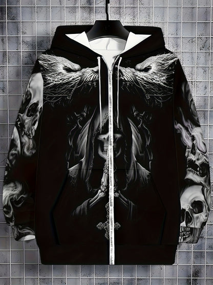 Loom & Soul Men’s Gothic Skull Zip Hoodie – Fiery Wing Streetwear Jacket