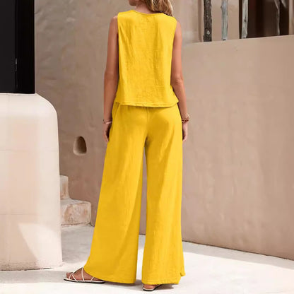 Conjunto de lino de dos piezas para mujer – Top sin mangas y pantalón holgado