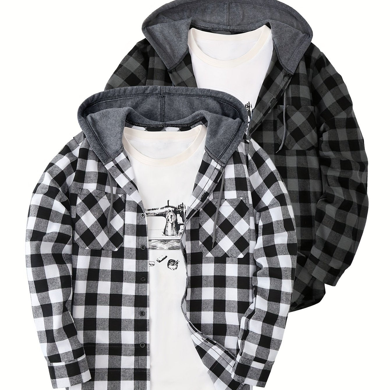 2-Piece Men’s Plaid Hooded Shirts – Button-Up Sweater Jacket Set