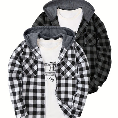 2-Piece Men’s Plaid Hooded Shirts – Button-Up Sweater Jacket Set