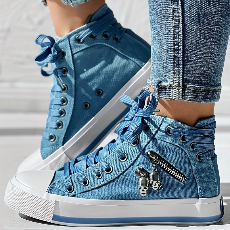 Skull Pattern Sneakers – Lace-Up Mid-Top Casual Streetwear Shoes
