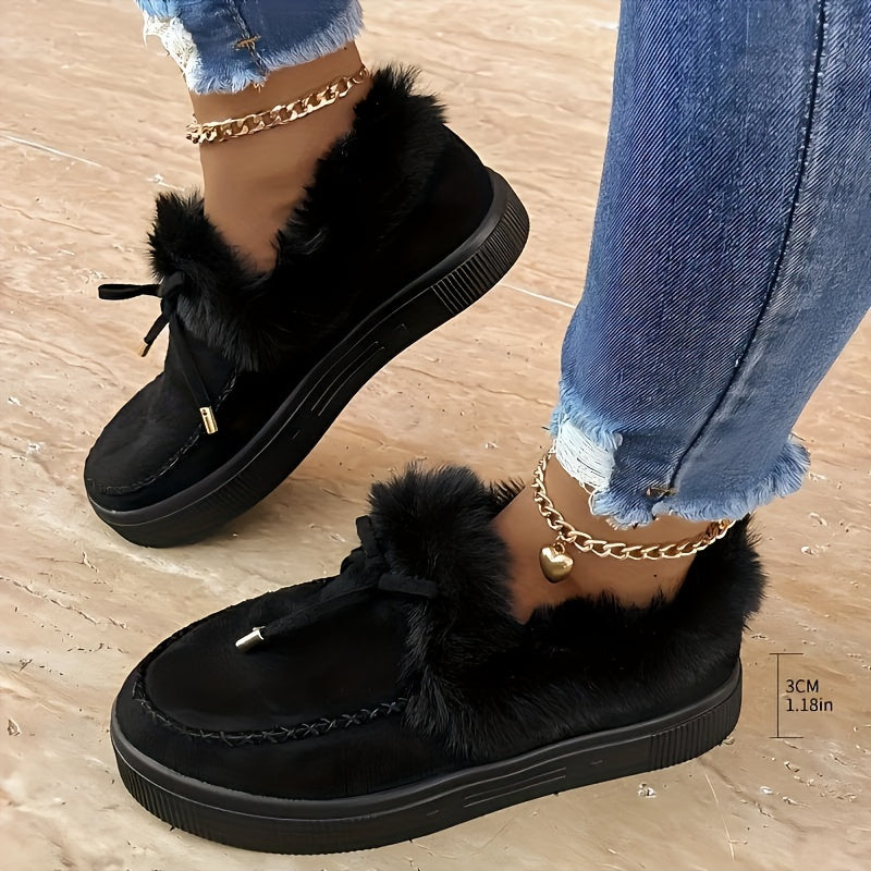 Botas de nieve de plataforma afelpadas para mujer – Zapatos de invierno acogedores con lazo