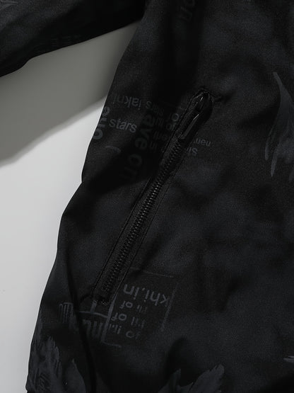 Men’s Feather Print Track Jacket – Zip-Up Baseball Collar Street Coat