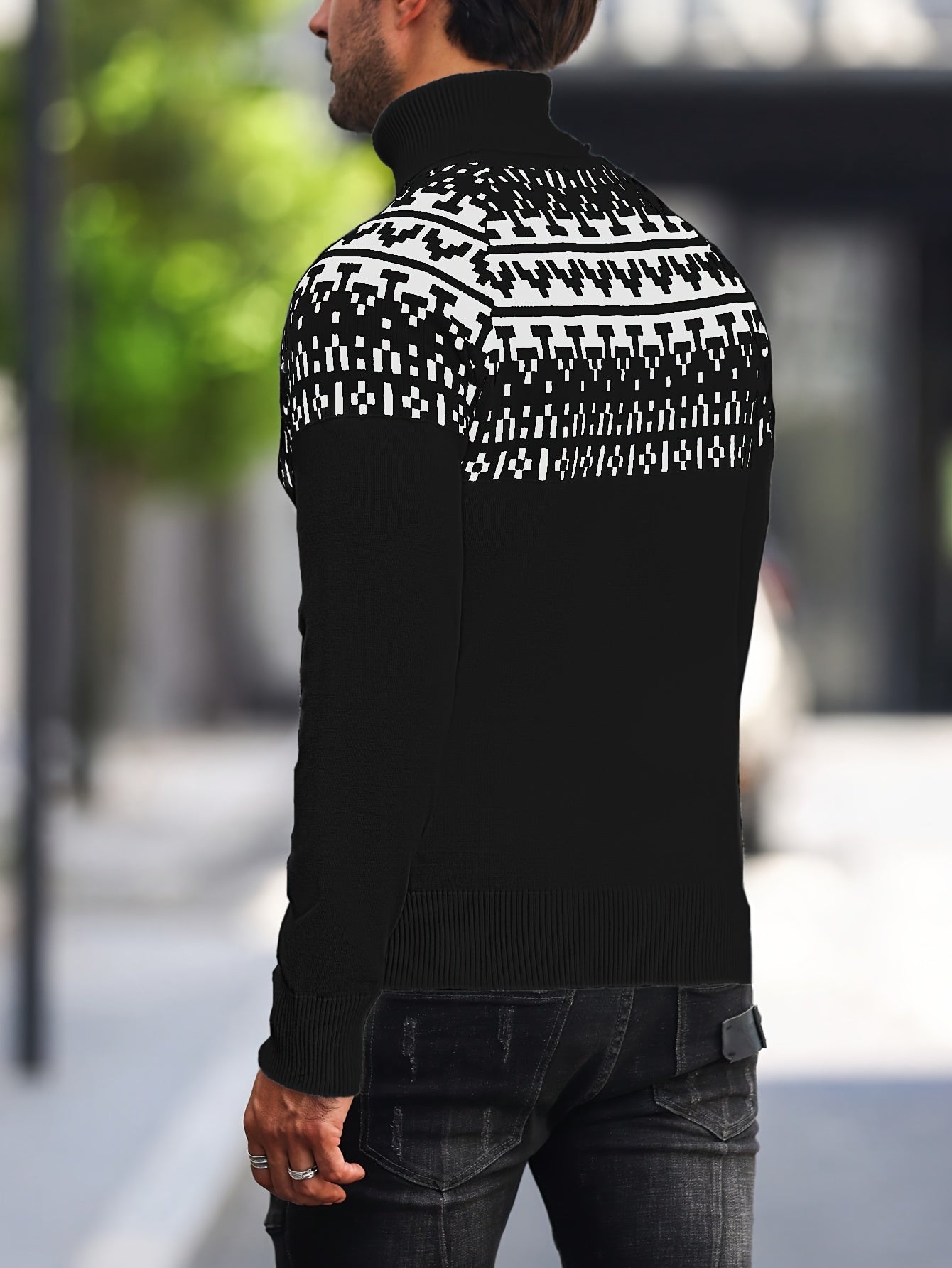 Suéter de cuello alto geométrico para hombre - Suéter informal de punto para otoño e invierno