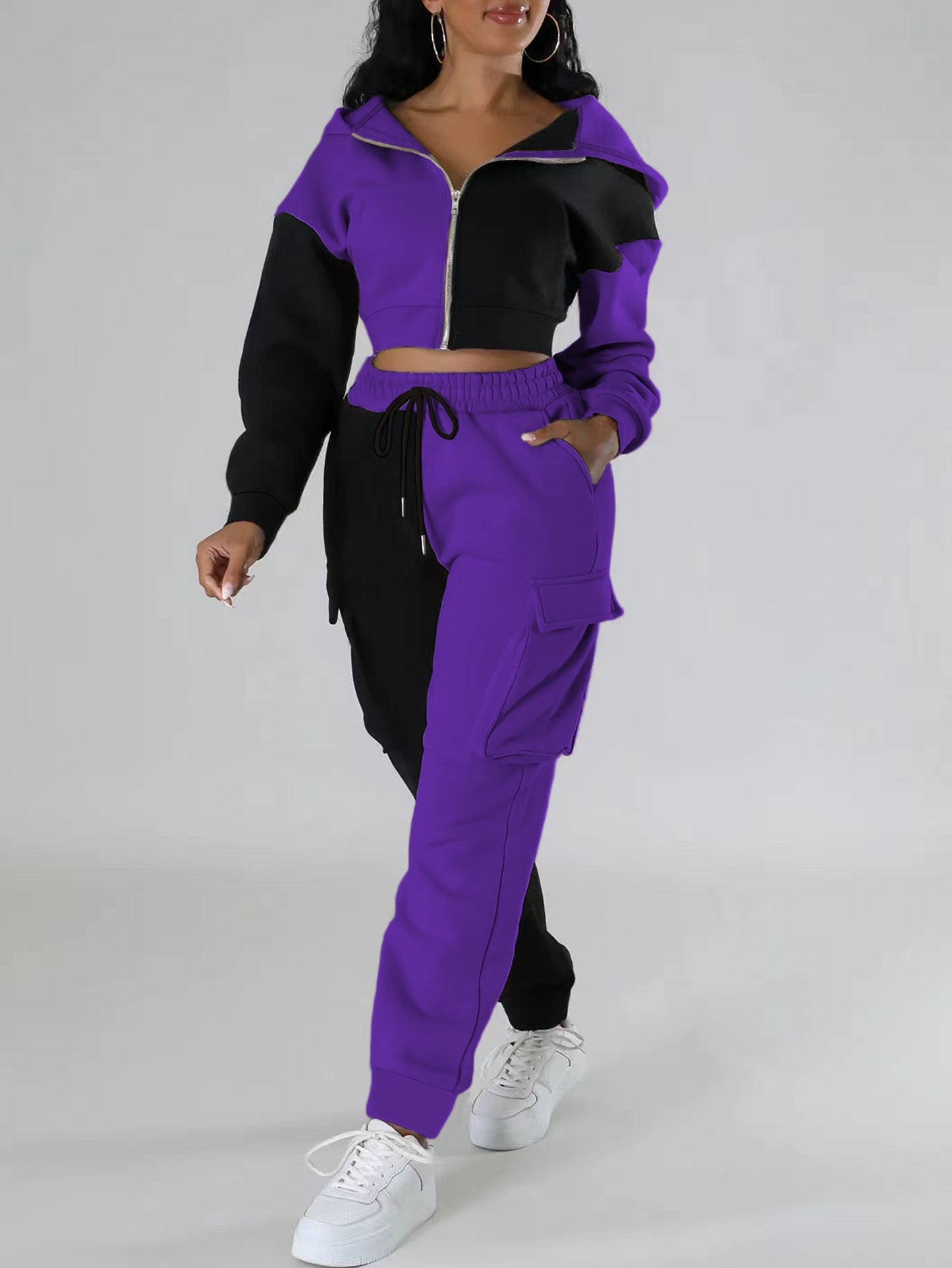Colorblock Hooded Jacket & Cargo Pants Set – Women’s Zip-Up Two-Piece
