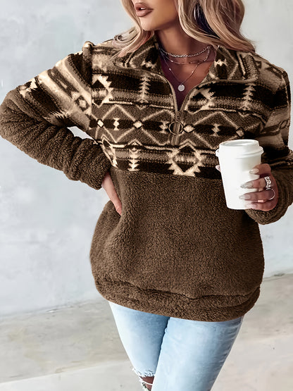 Geo Pattern Teddy Sweatshirt – Half-Zip Fleece Pullover for Fall & Winter