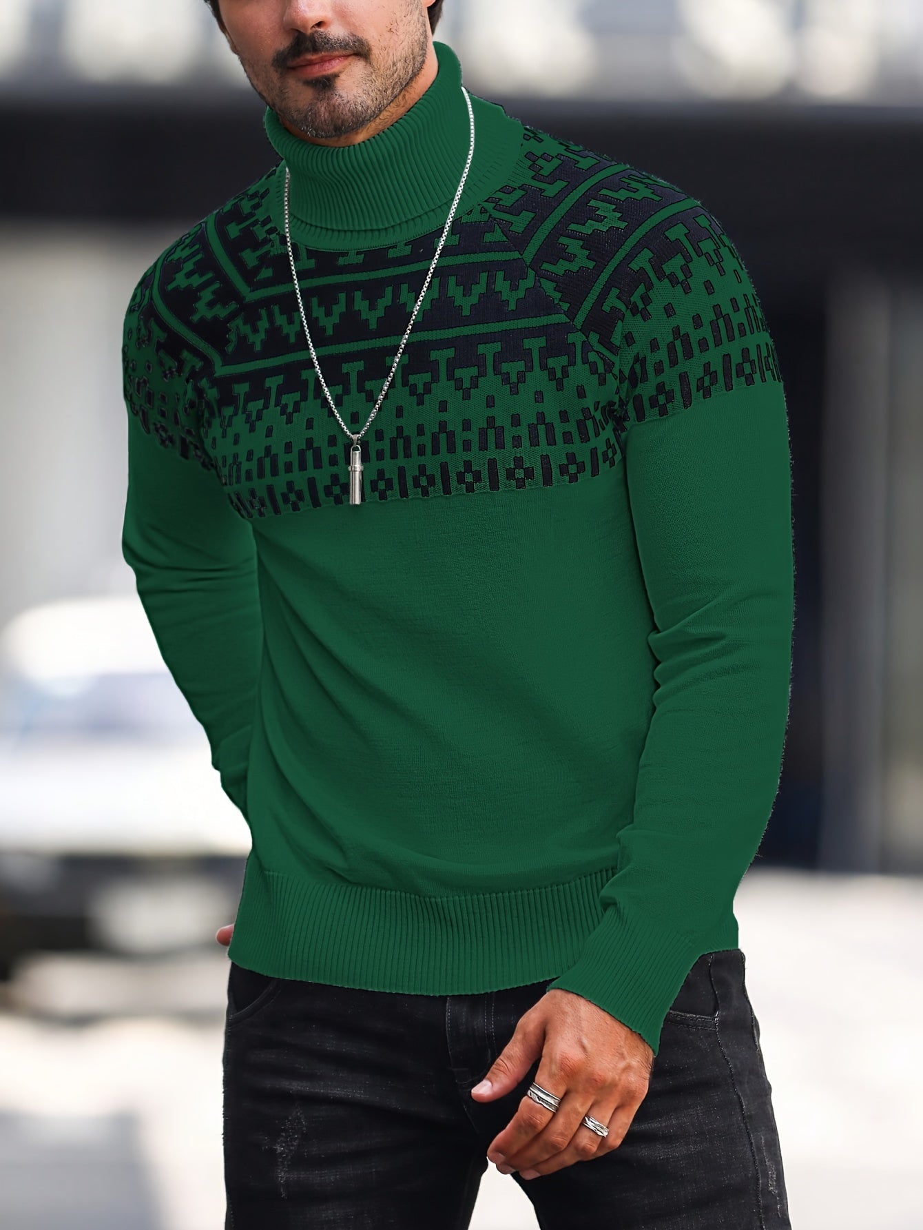 Suéter de cuello alto geométrico para hombre - Suéter informal de punto para otoño e invierno