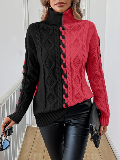 Elegant High-Neck Striped Blouse – Color-Block Knit Long Sleeve Top