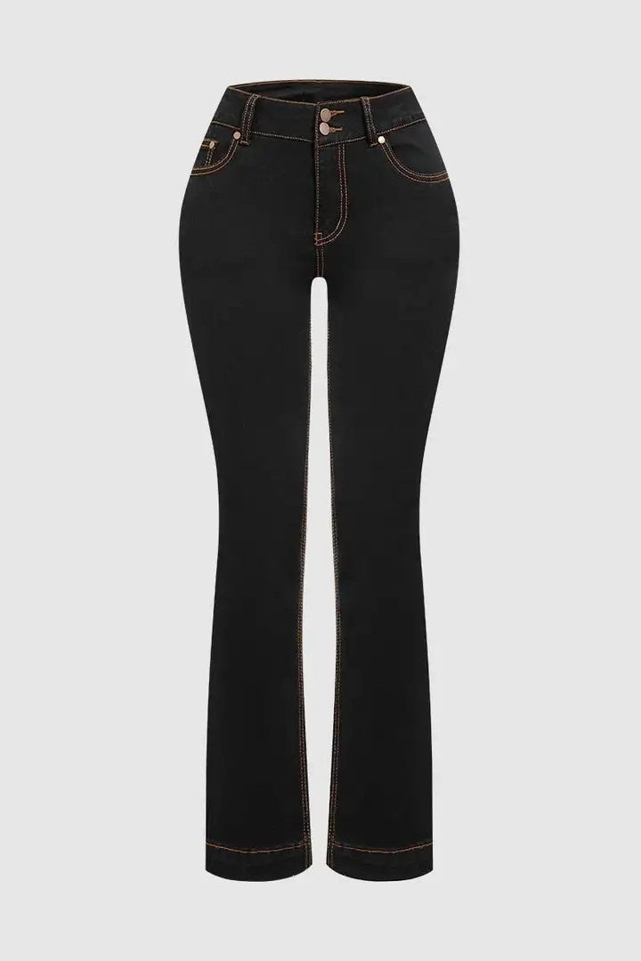Vaqueros acampanados de tiro alto para mujer – Denim de doble botón con control de abdomen