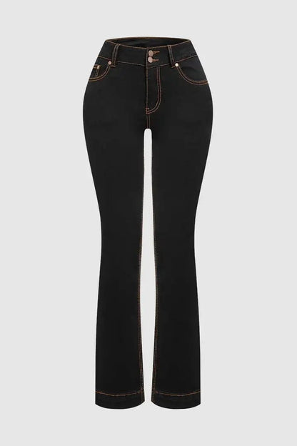 Vaqueros acampanados de tiro alto para mujer – Denim de doble botón con control de abdomen