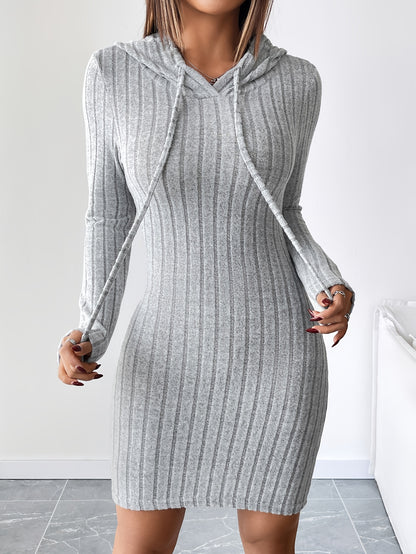 Women’s Ribbed Hooded Bodycon Dress – Drawstring Long Sleeve Pencil Fit