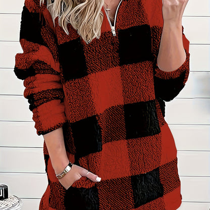 Women’s Plaid Fuzzy High-Neck Sweater – Soft Zipper Knit Pullover