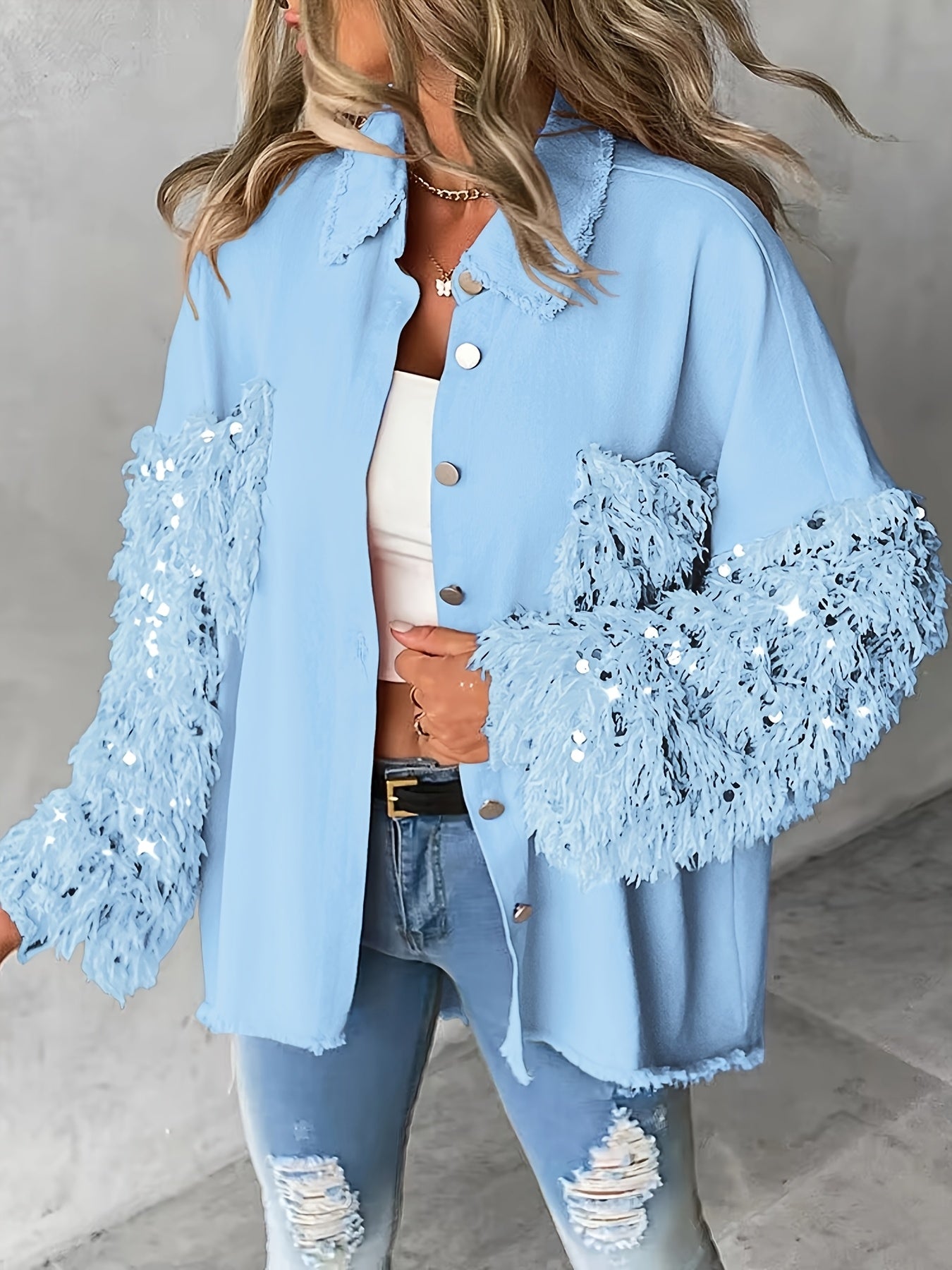 Women’s Sequin Tassel Patchwork Shacket – Fuzzy Contrast Long Sleeve Jacket