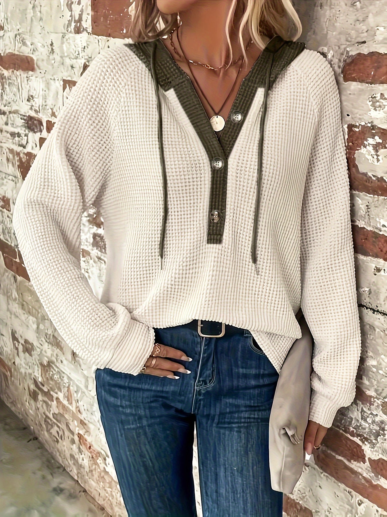 Women’s Color Block Hoodie – Button-Front Drawstring Casual Sweatshirt