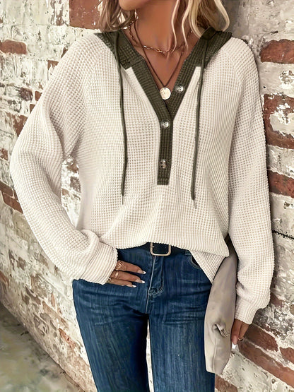 Women’s Color Block Hoodie – Button-Front Drawstring Casual Sweatshirt