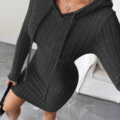 Women’s Ribbed Hooded Bodycon Dress – Drawstring Long Sleeve Pencil Fit