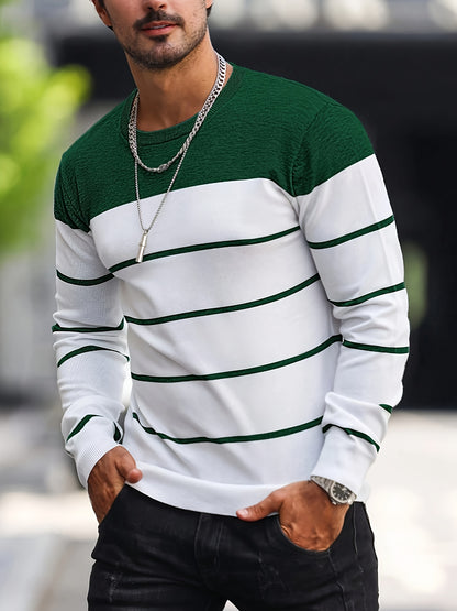 Pull tricoté rayé bleu marine pour homme – Col rond décontracté
